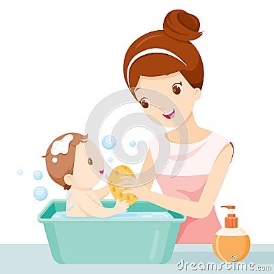 Mother Washing Baby Vector Illustration